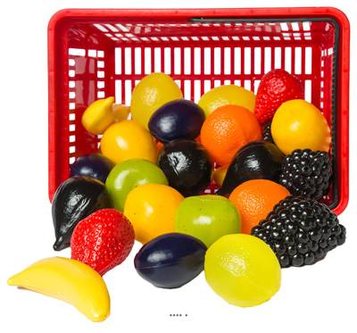 Panier de 27 fruits assortis factices petite taille plastique soufflé