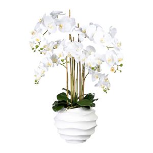 Orchidee factice vase résine Blanc H 105 cm D 75 cm 7 hampes toucher reel Crème