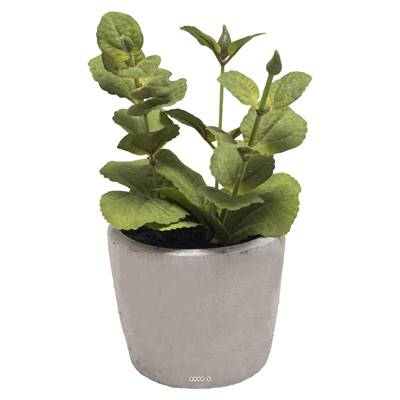 Herbe aromatique factice Menthe H 17 cm D 11cm pot Béton