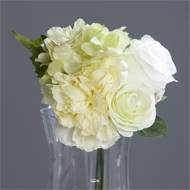 Bouquet de Roses et Hortensias factices Blanc-vert 4 têtes D20cm