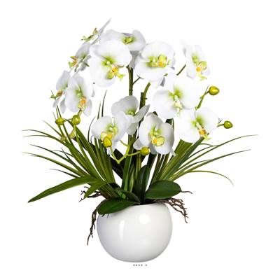 Orchidee factice H 58 cm vase boule ceramique 3 hampes toucher reel Top Crème vert