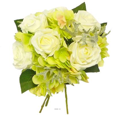 Bouquet de Roses et Hortensias Hauteur 28 cm Haut de gamme Blanc neige