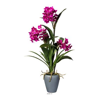 Orchidée Dendrobium factice Vase céramique Gris H 70 cm D 40 cm 3 hampes florales Rose fushia