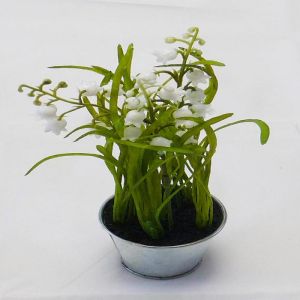 Muguet factice dans un pot zinc et feuillage Herbe H 21 cm