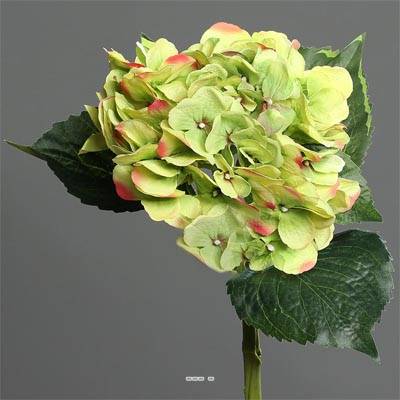 Hortensia factice en tige 1 tete 3 feuilles H 50 cm Top Vert-rose