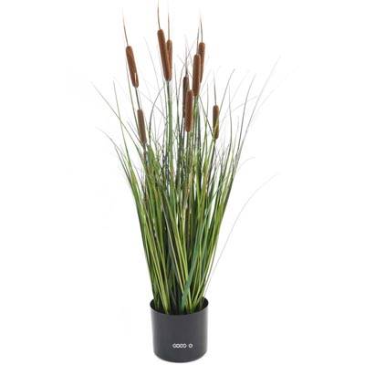 Graminee Verte en pot factice plante d eau avec 9 quenouilles Marron H 90 cm