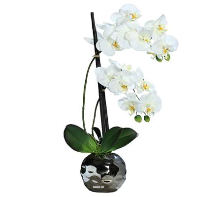 Orchidee artificielle 2 hampes en boule ceramique Argent H 50 cm Blanc neige