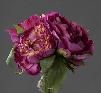 Bouquet de 3 Pivoines Fuchsia epanouies artificielles Corde et feuillage H 26 cm